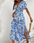 Blauwe bloemen maxi jurk - zomer jurk voor dames met splitten