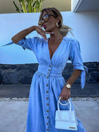 Dames denim jurk - stijlvolle casual maxi jurk met knopen in blauw