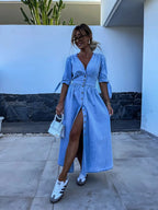Dames denim jurk - stijlvolle casual maxi jurk met knopen in blauw