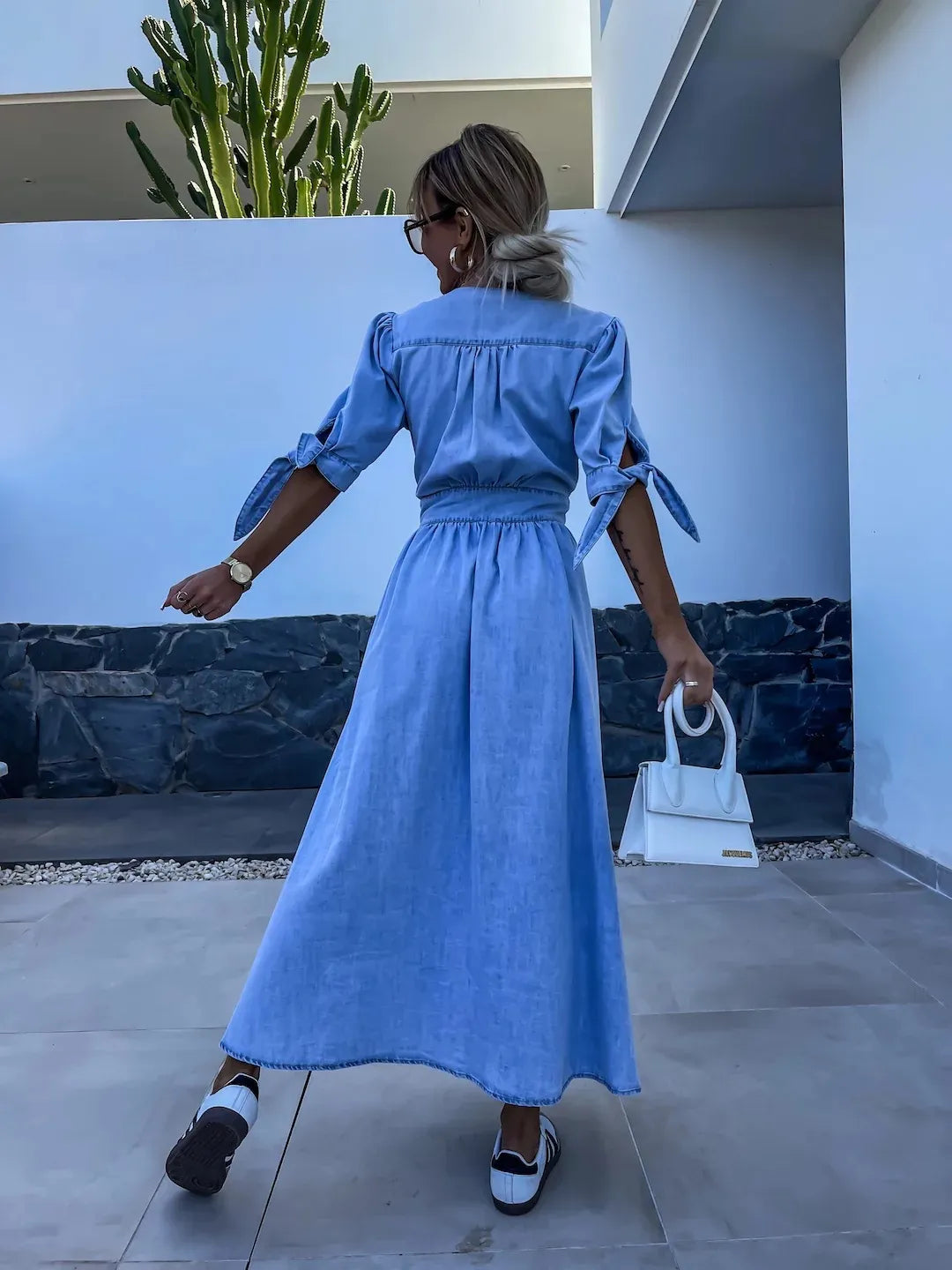 Dames denim jurk - stijlvolle casual maxi jurk met knopen in blauw