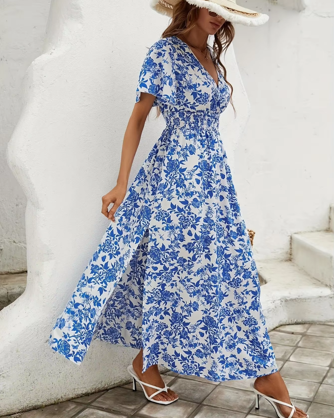 Blauwe bloemen maxi jurk - zomer jurk voor dames met splitten
