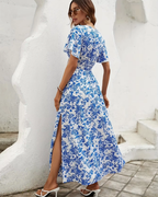 Blauwe bloemen maxi jurk - zomer jurk voor dames met splitten