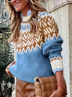 Gezellige fair isle hoge nek trui - blauwe gebreide jumper voor dames - Bakkermode.nl