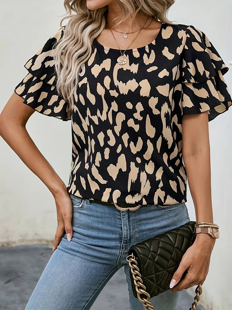Dames tops met luipaardprint blouse met korte mouwen - chique casual zwarte outfit voor vrouwen