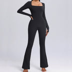 Nieuwe vierkante hals jumpsuit met lange mouwen - yoga fitness sport broek met wijde pijpen ademend dames bodysuit - Bakkermode.nl