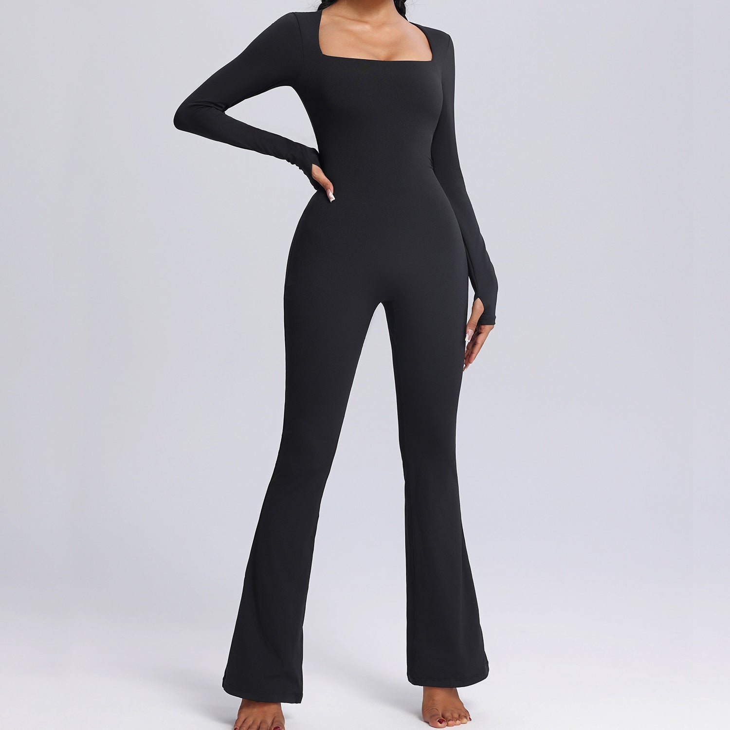 Nieuwe vierkante hals jumpsuit met lange mouwen - yoga fitness sport broek met wijde pijpen ademend dames bodysuit - Bakkermode.nl