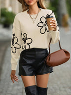 Dames casual sweater met bloemenborduurwerk - zachte brei jumper voor alledag