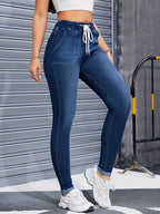 Dames hoge taille sweatpants met trekkoord - diepblauwe casual broeken voor elke dag