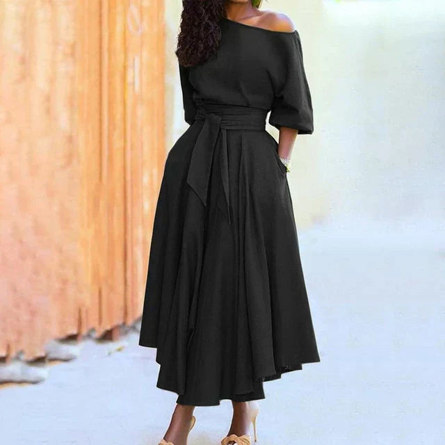 Maxi-jurk - elegante off-shoulder jurk met praktische zakken