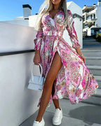 Dames bloemen jurk met split - elegante v-hals maxi jurk voor bruiloften en speciale gelegenheden