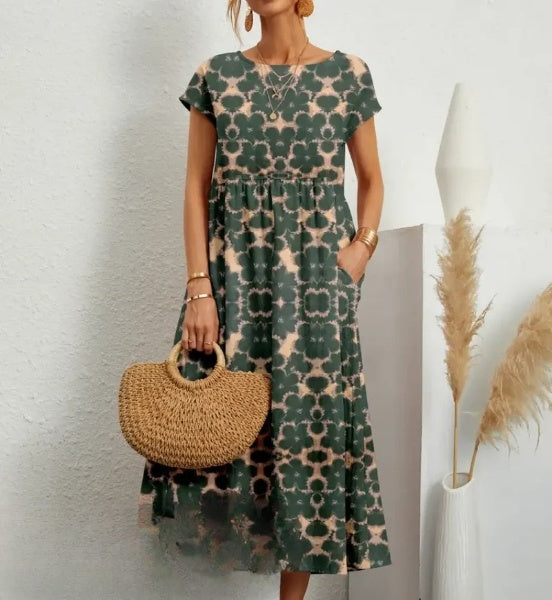 Bloemenprint maxi jurk voor dames - casual met elegante korte mouwen en handige zakken