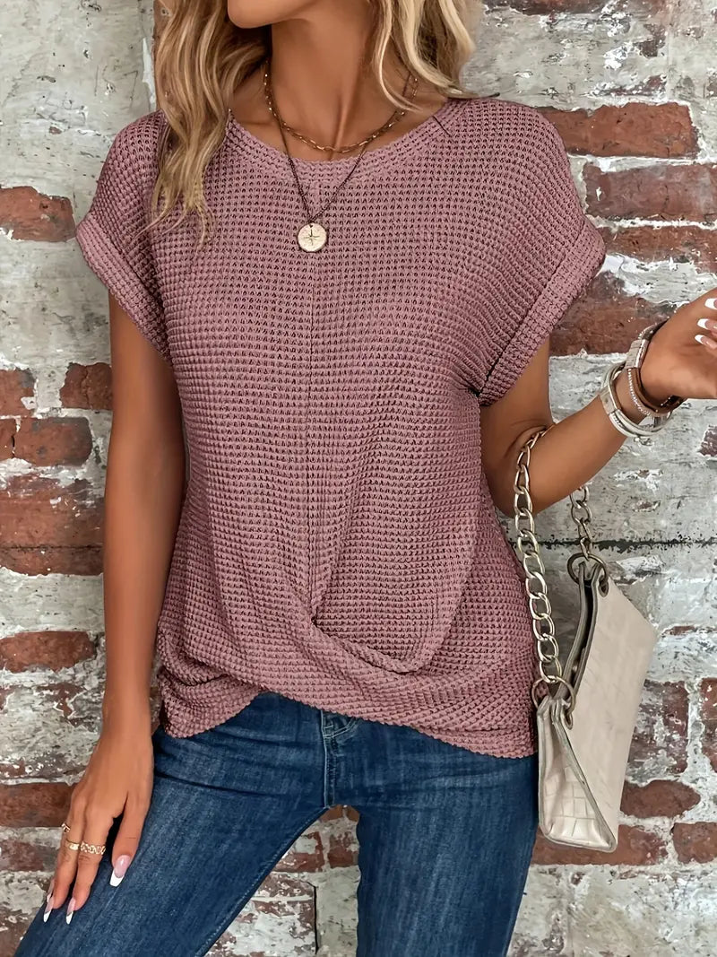 Dames waffle knit t-shirt - lichte casual top met korte mouwen voor elke gelegenheid