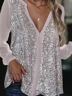 Dames sequined v-hals blouse - elegante avondmode met luxe lange mouwen voor speciale gelegenheden