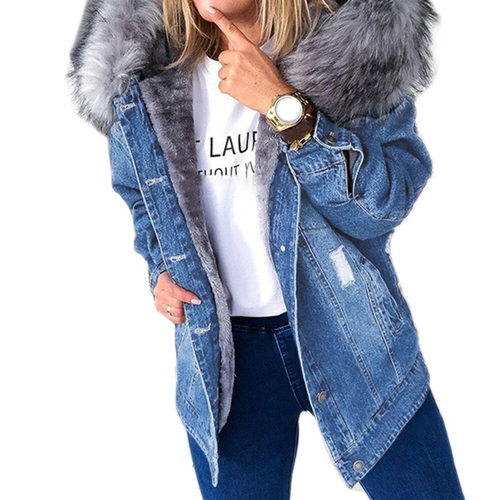 Denim parka jas - stijlvolle damesjas met faux faux fur capuchon