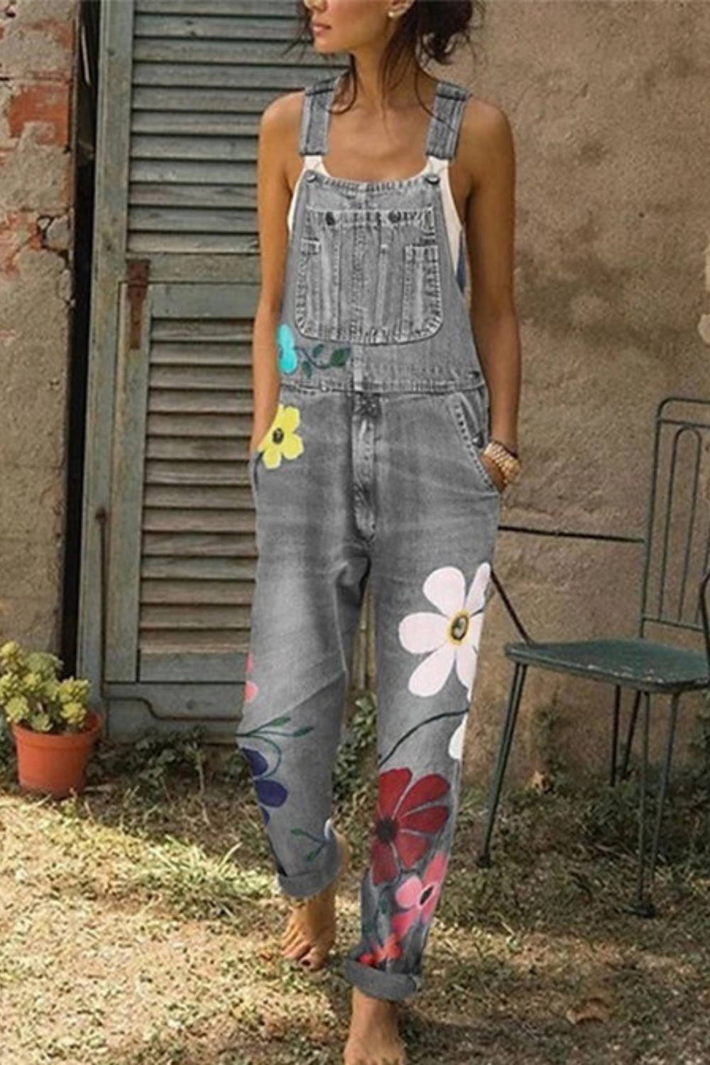 Dames denim overalls met bloemenprint - stijlvolle casual overall met zakken voor dagelijks gebruik