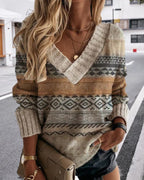 Dames v-hals trui met stijlvolle gebreide patroon in beige - casual knitwear voor de herfst/winter
