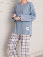 2-delige dames loungewear set - lange mouw top en geruite broek