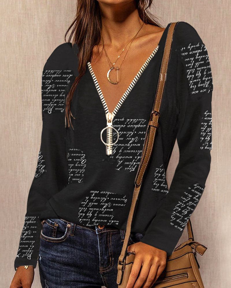 Dames v-hals blouse met ritsdetail - casual lange mouwen top