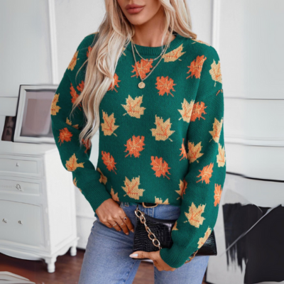 Gebreide sweater - damestrui met herfstbladpatroon - Bakkermode.nl