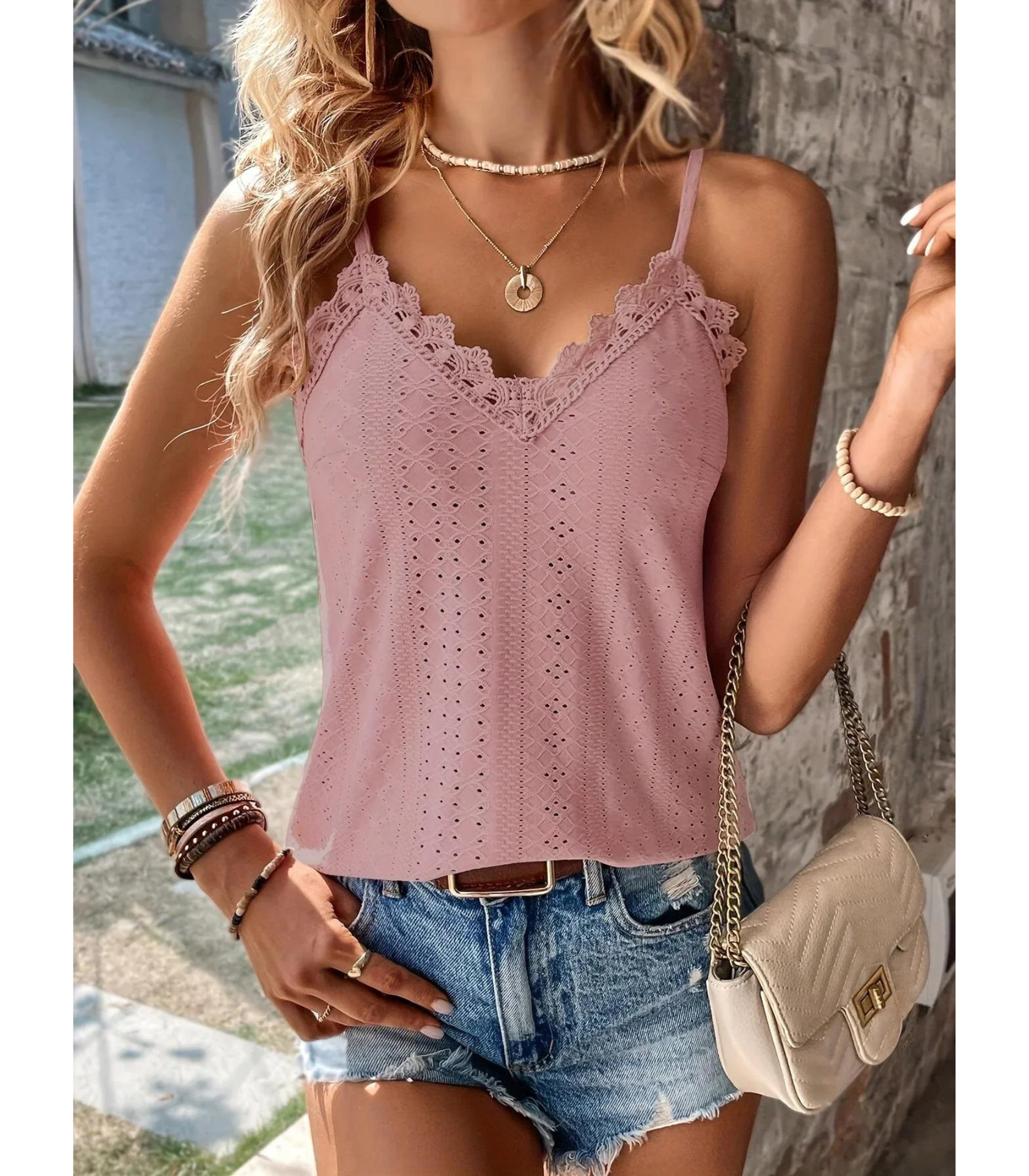 Dames cami top met kantafwerking - verfijnd mouwloos zomertopje