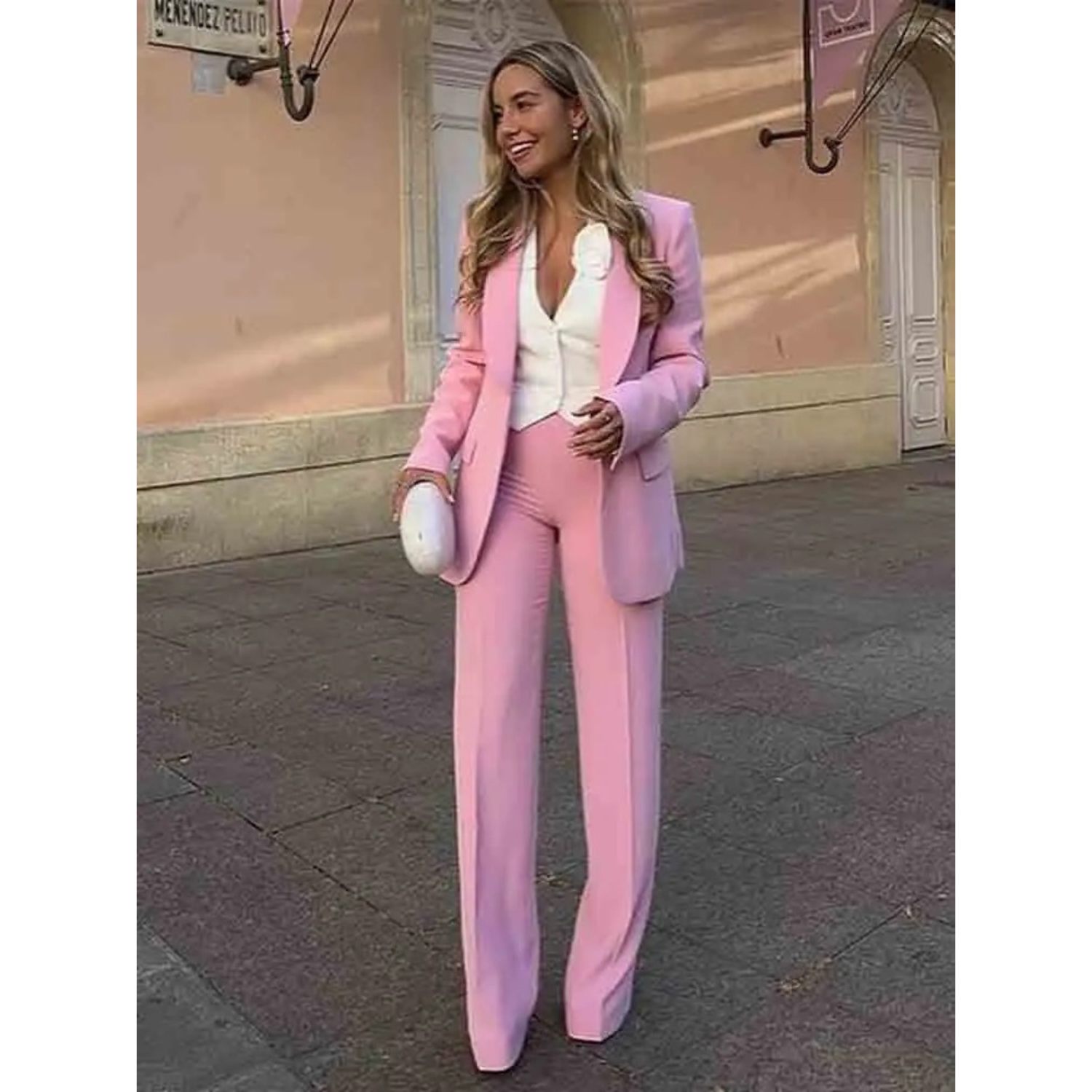 2-delige dames blazer broek set - elegante roze kantooroutfit