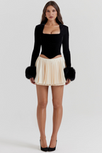 Dames feestjurk elegante zwarte fluwelen corset top met nepbont manchetten - chique lange mouwen avondoutfit