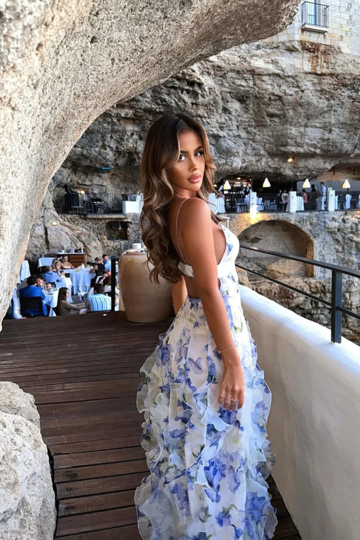 Dames bloemen maxi jurk - verfijnde gelaagde avondgala