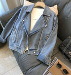 Denim jacket - trendy blauwe dames cropped bikerjack