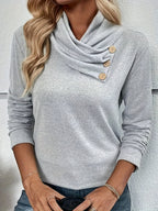 Dames lange mouw top met cowl hals - lichtgrijs - stijlvolle casual everyday wear met knoopdetails
