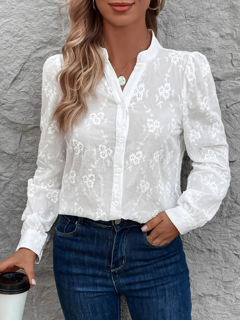 Dames witte geborduurde zomerblouse - elegante langarm shirt voor vrouwen