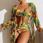 3-delige vrouwen bikini set met tropische print - hoge taille zwemkleding met sheer cover-up voor zonnige stranddagen