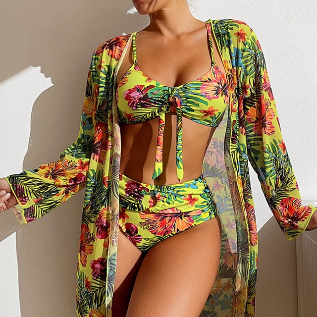 3-delige vrouwen bikini set met tropische print - hoge taille zwemkleding met sheer cover-up voor zonnige stranddagen