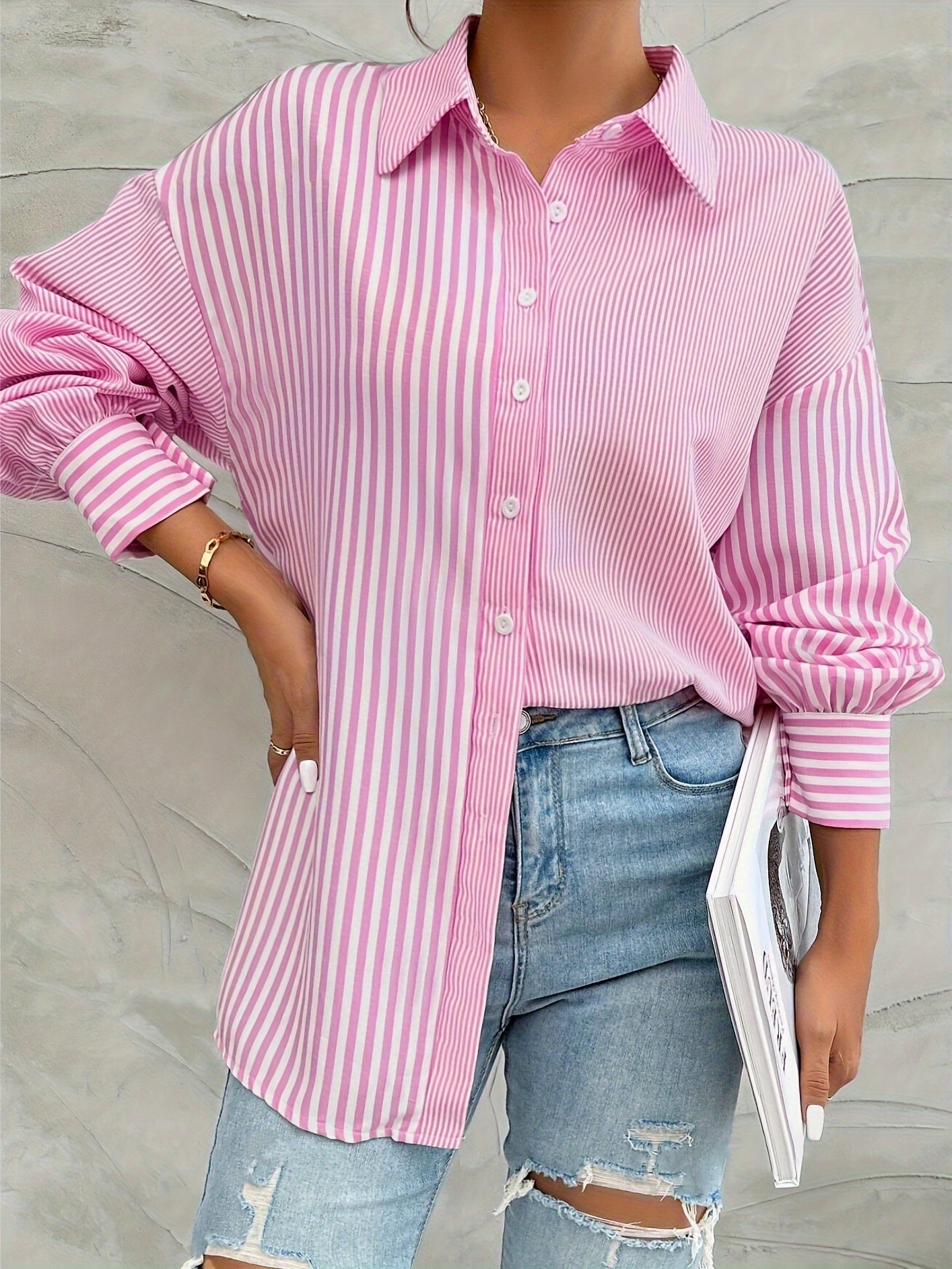 Roze gestreepte blouse - modieuze dames button-up top