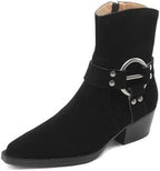 Suède enkellaarzen dames – puntneus met gespsluiting - Bakkermode.nl