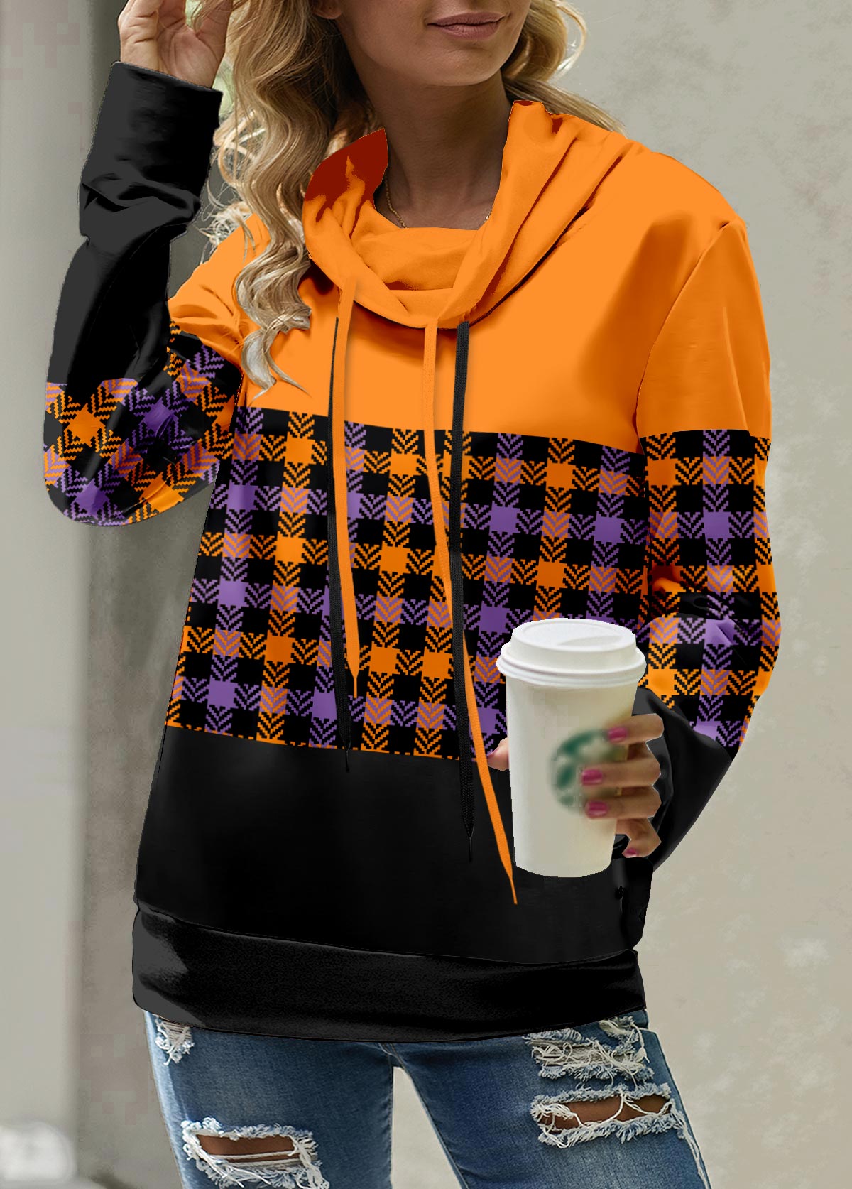 Hoodie - stijlvolle dames pullover met ruitpatroon - Bakkermode.nl