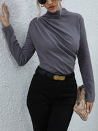 Chic grijze gedrapeerde top - casual dames blouse met lange mouwen