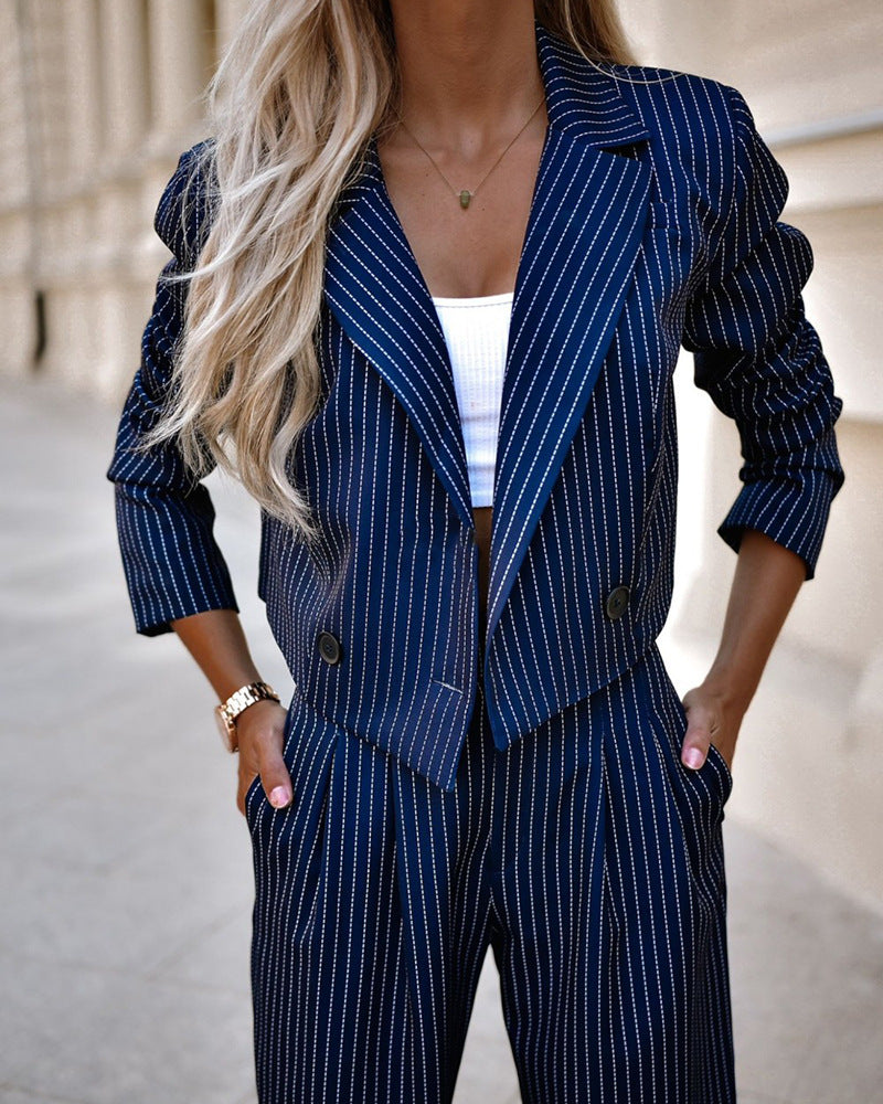 2-delige blazer en pantalon - gestreepte cropped blazer en wijde pantalon met hoge taille - Bakkermode.nl