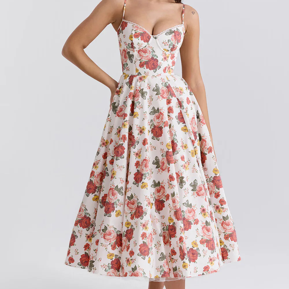 Bloemen midi-jurk - feminine botanische print damesjurk met aansluitende corset lijfje