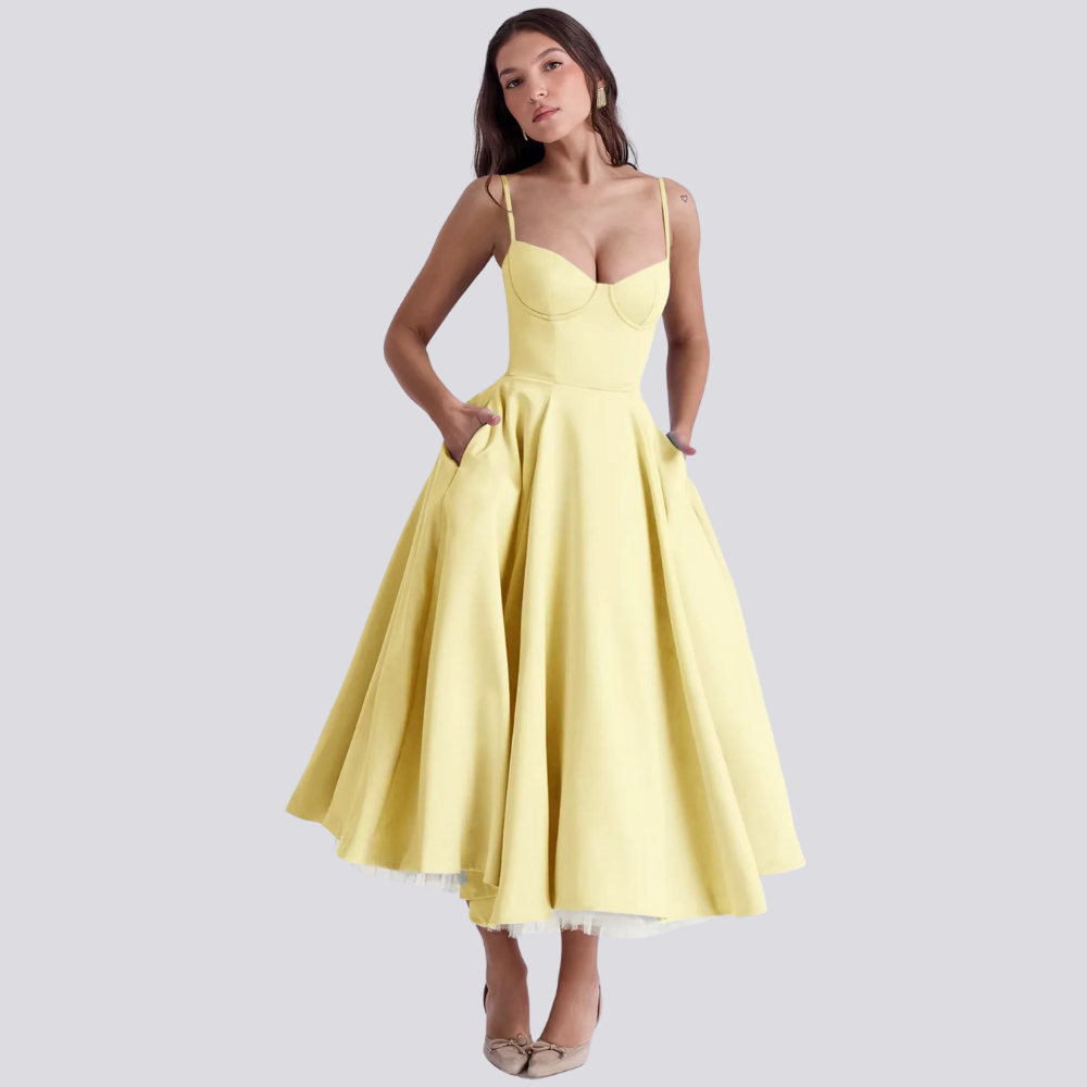 Bloemen midi-jurk - feminine botanische print damesjurk met aansluitende corset lijfje