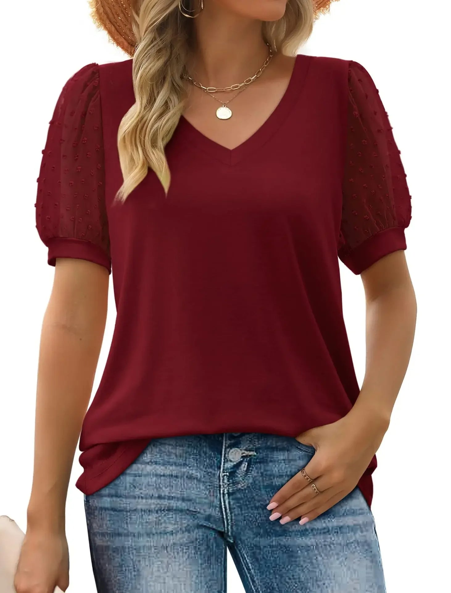 Dames v-hals top - elegante blouse met puff mouwen voor casual uitjes