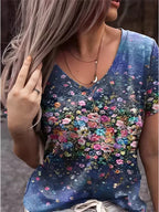 Dames elegante bloemenprint v-hals t-shirt - stijlvolle casual wear voor elke dag