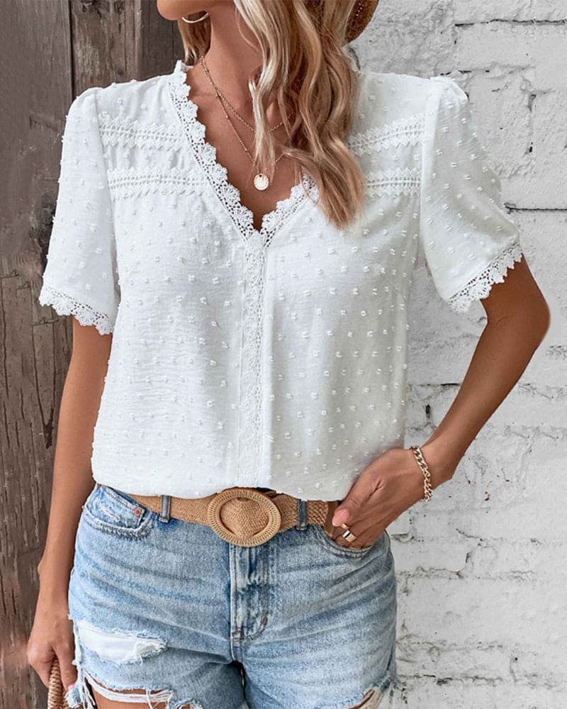 Dames kanten top lichte casual wear - elegante witte blouse met korte mouwen voor elke gelegenheid