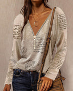 Dames v-hals blouse met ritsdetail - casual lange mouwen top