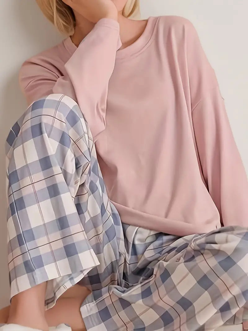 2-delige dames loungewear set - lange mouw top en geruite broek