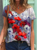 Dames bloemen kunst t-shirt casual zomer top - v-hals ontwerp, ademende stof