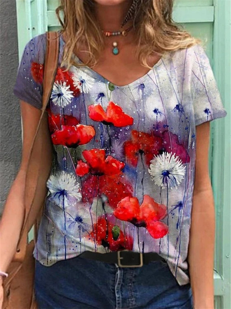 Dames bloemen kunst t-shirt casual zomer top - v-hals ontwerp, ademende stof