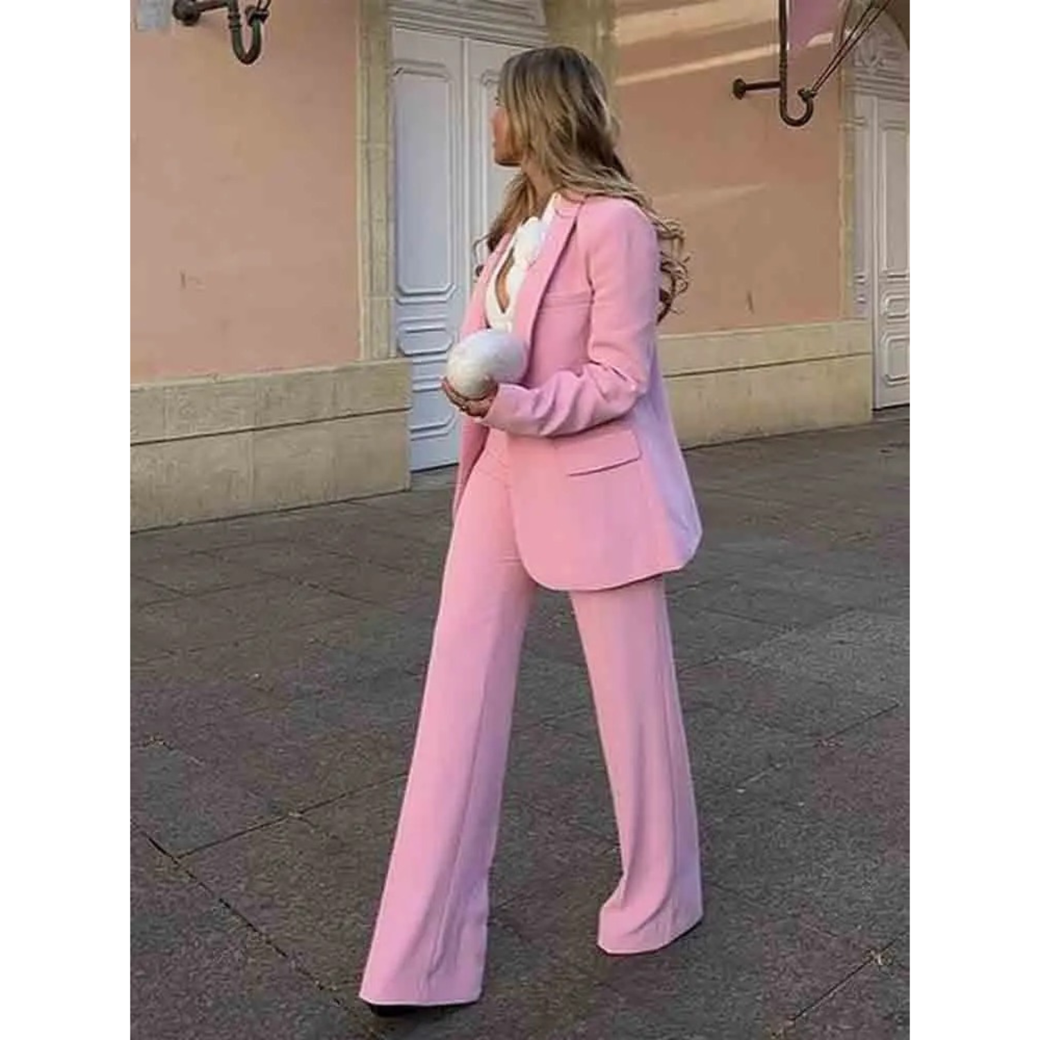 2-delige dames blazer broek set - elegante roze kantooroutfit