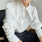 Vrouwelijke satijnen blouse - stijlvolle lange mouwen kantoorkleding met moderne kraag en knoopmanchetten