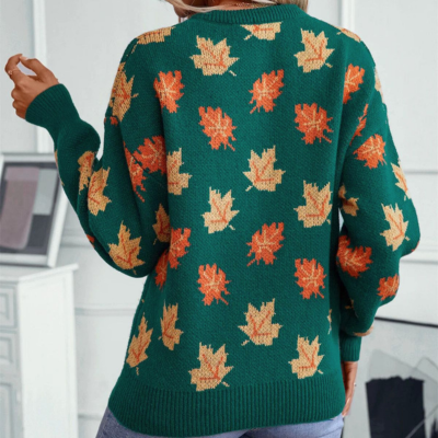 Gebreide sweater - damestrui met herfstbladpatroon - Bakkermode.nl