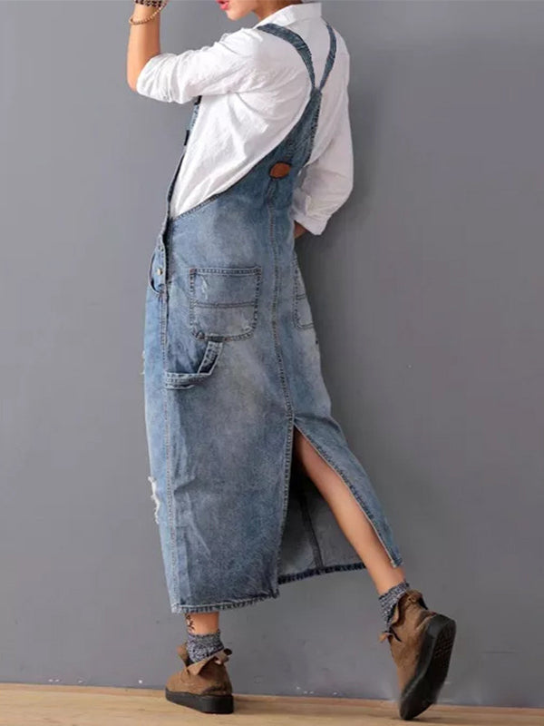 Dames verouderde denim tuinbroek jurk - cosy maxi stijl voor casual uitjes